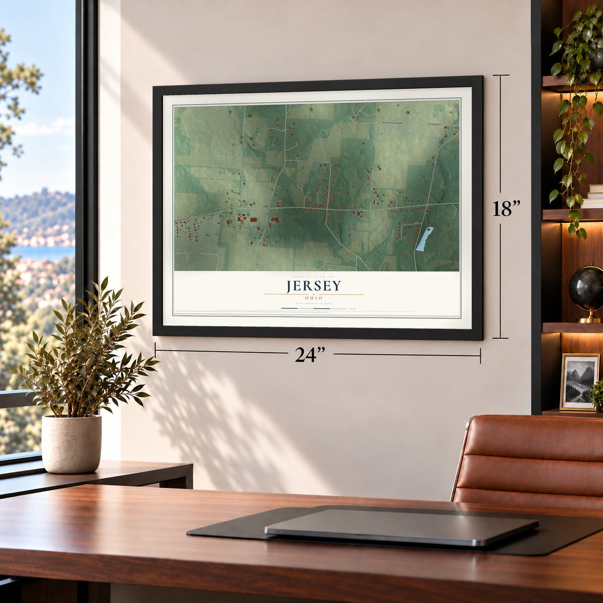 Jersey, Ohio map, 18 x 24 inch print in a black frame in a home office