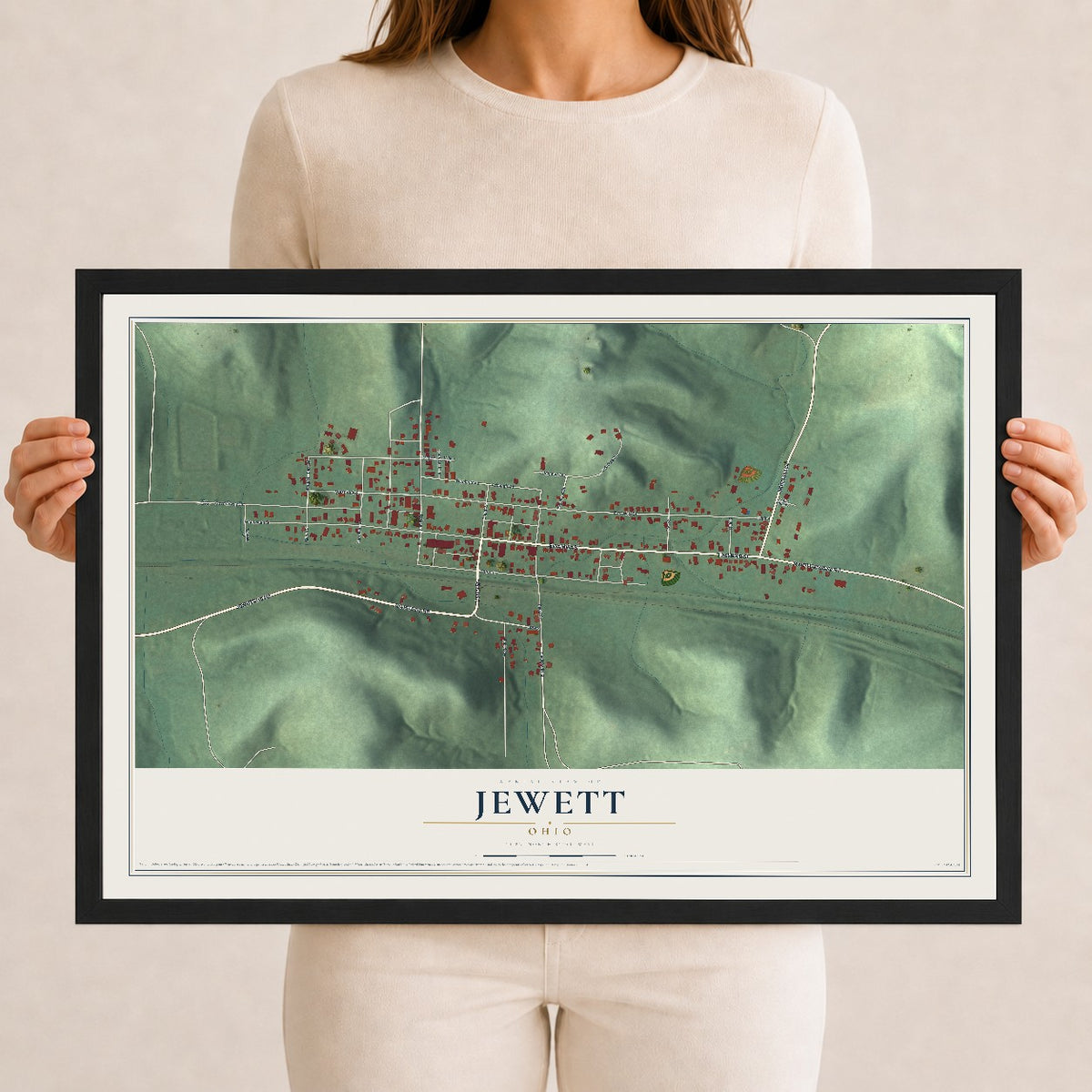 Map of Jewett, Ohio, 12 x 18 inch print in a black wood frame