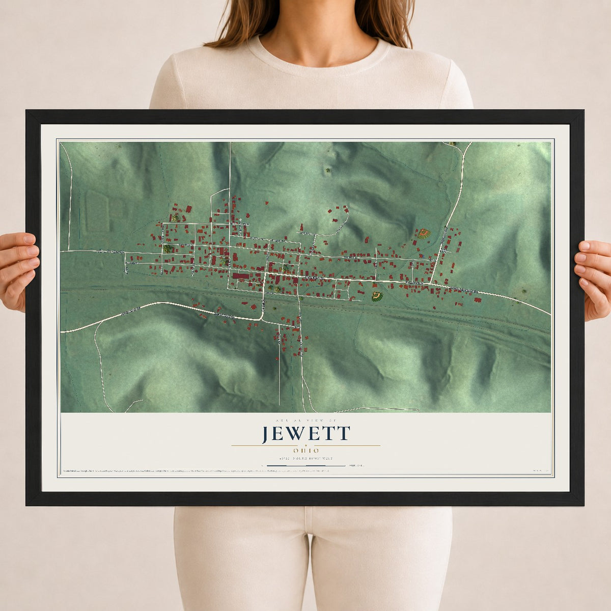 Map of Jewett, Ohio, 18 x 24 inch print in a black wood frame