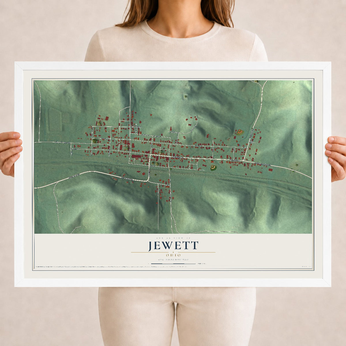 Map of Jewett, Ohio, 18 x 24 inch print in a white wood frame