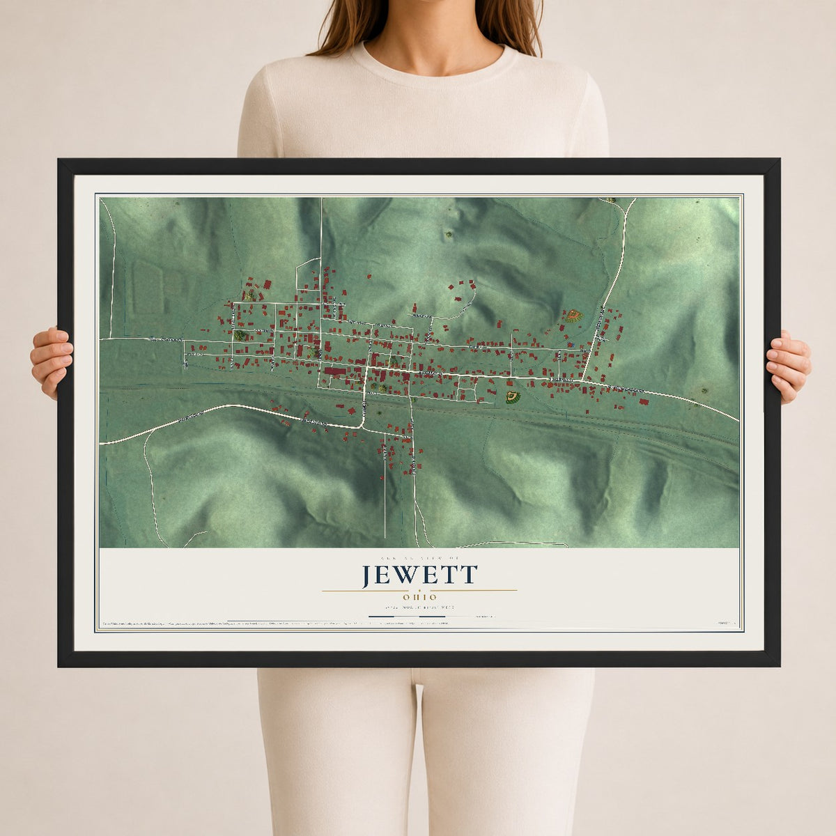 Map of Jewett, Ohio, 24 x 36 inch print in a black wood frame