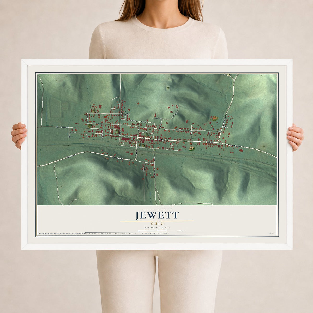 Map of Jewett, Ohio, 24 x 36 inch print in a white wood frame