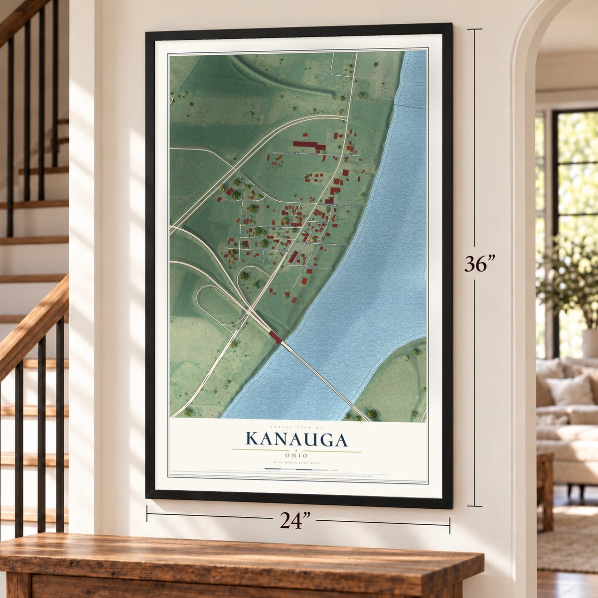 Kanauga, Ohio map, 24 x 36 inch print in a black frame by a staircase