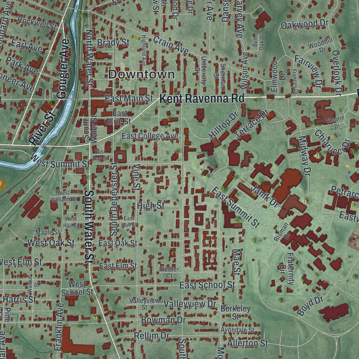 Close-up of the map of Kent, Ohio print showing street and building detail