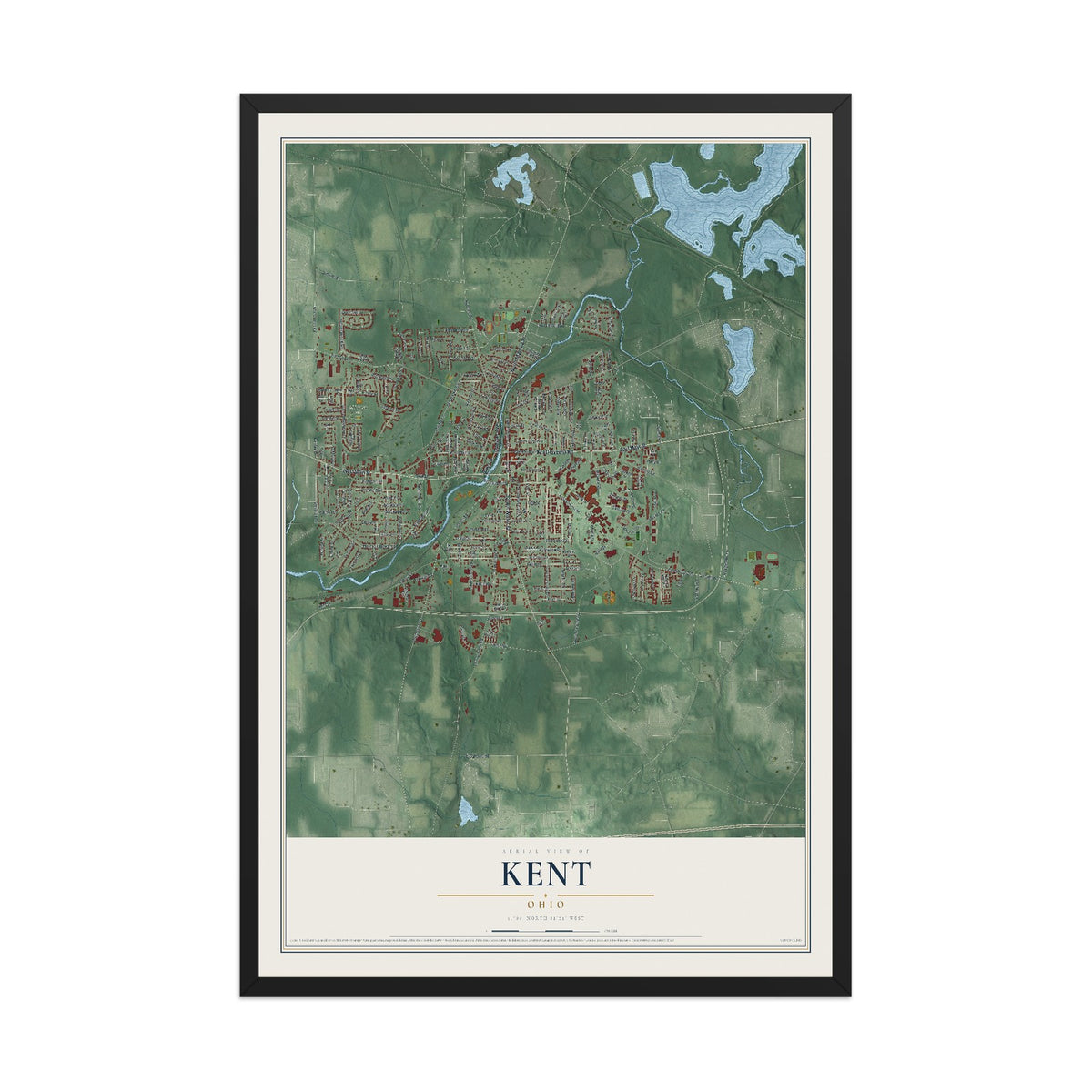 Map of Kent, Ohio, 12 x 18 inch print in a black wood frame