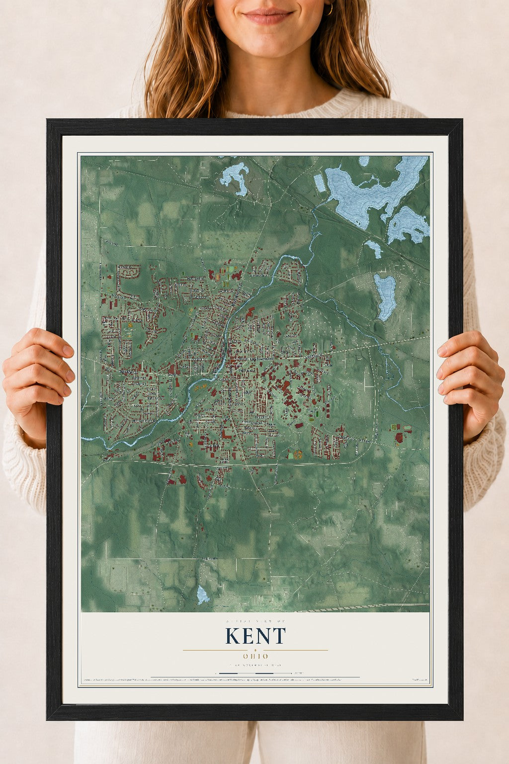 Map of Kent, Ohio, 18 x 24 inch print in a black wood frame