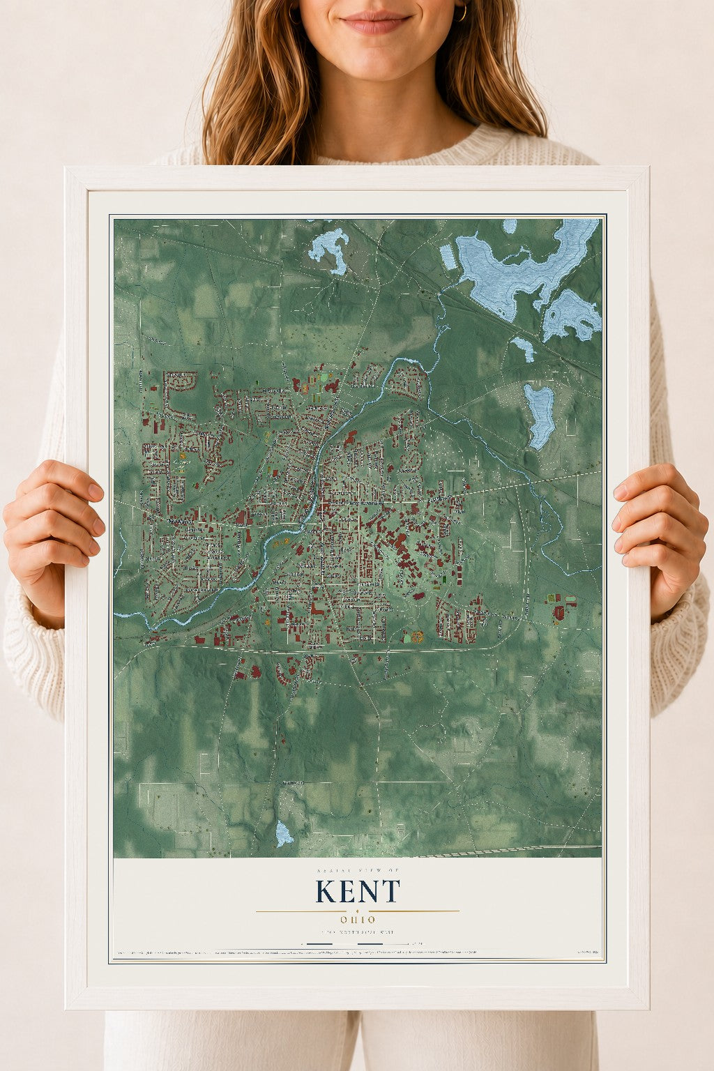 Map of Kent, Ohio, 18 x 24 inch print in a white wood frame