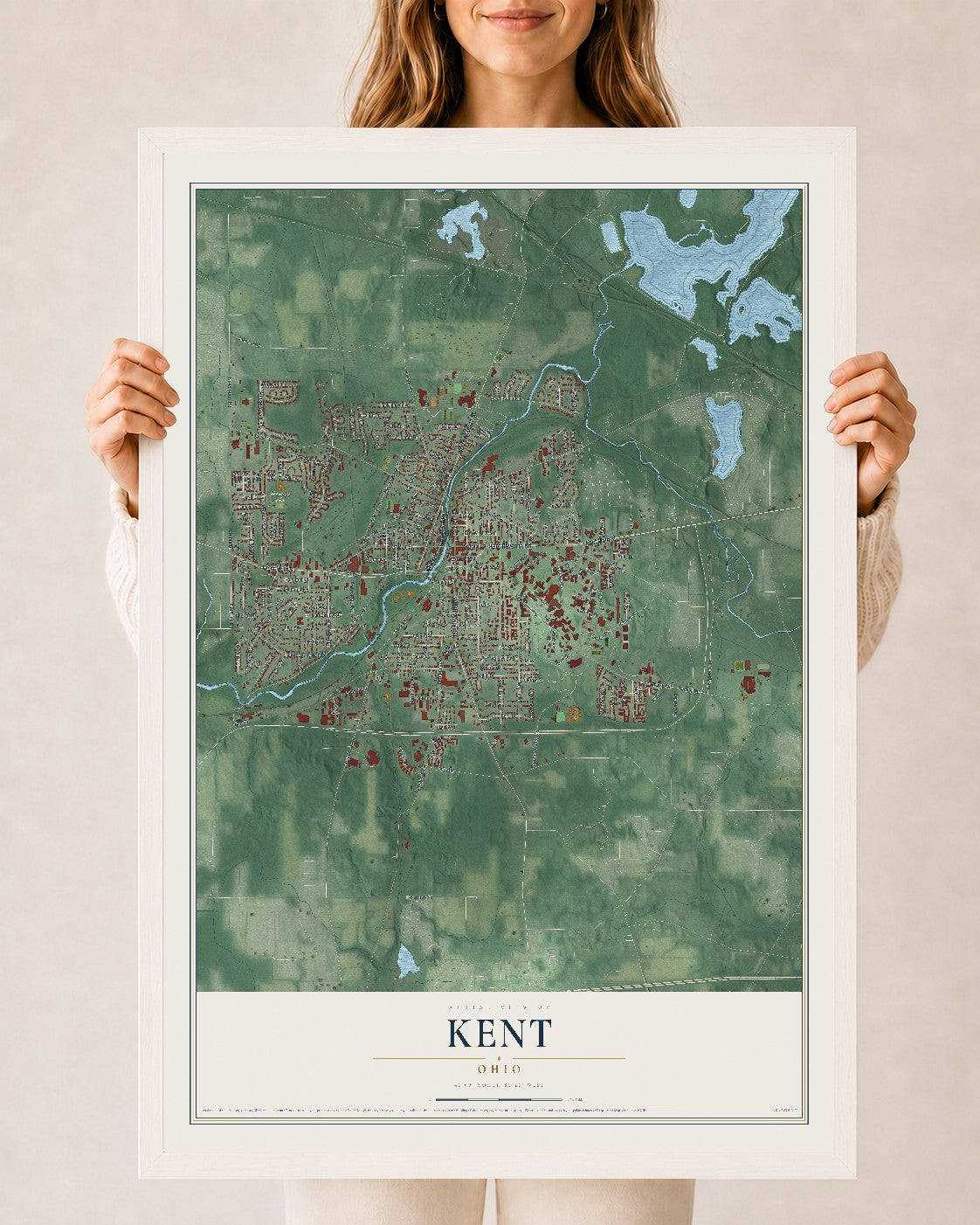 Map of Kent, Ohio, 24 x 36 inch print in a white wood frame