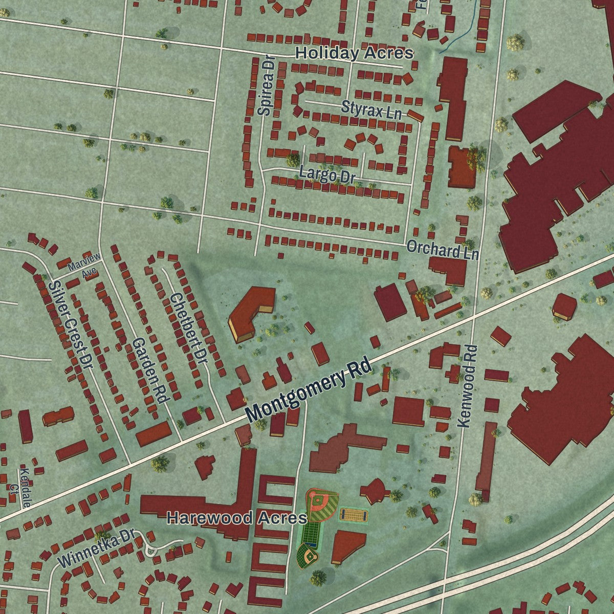 Close-up of the map of Kenwood, Ohio print showing street and building detail