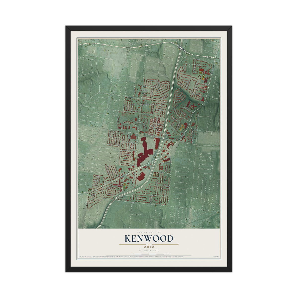 Map of Kenwood, Ohio, 12 x 18 inch print in a black wood frame