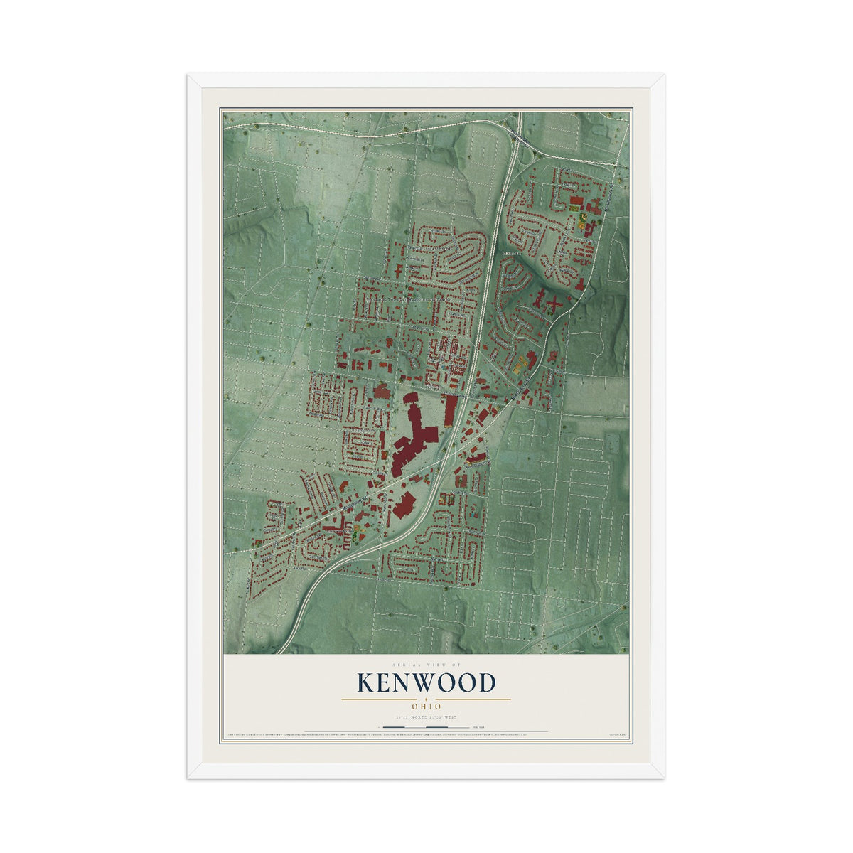 Map of Kenwood, Ohio, 12 x 18 inch print in a white wood frame