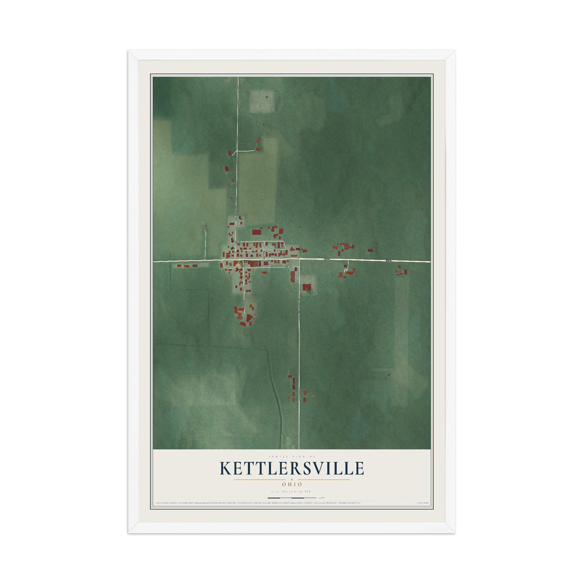 Map of Kettlersville, Ohio, 12 x 18 inch print in a white wood frame