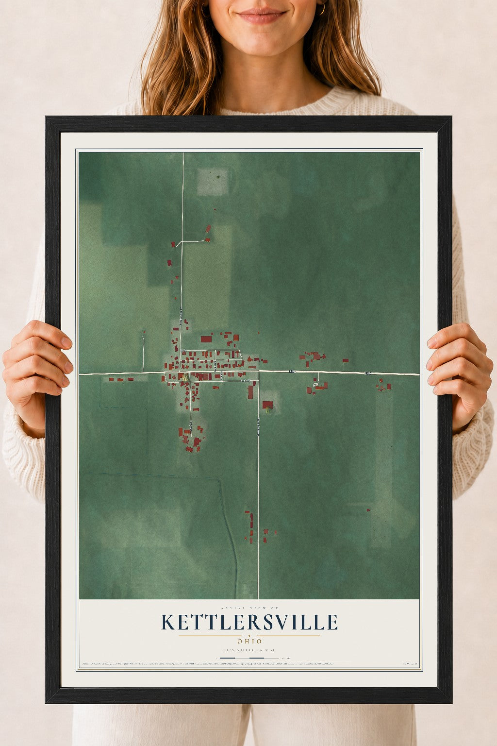 Map of Kettlersville, Ohio, 18 x 24 inch print in a black wood frame