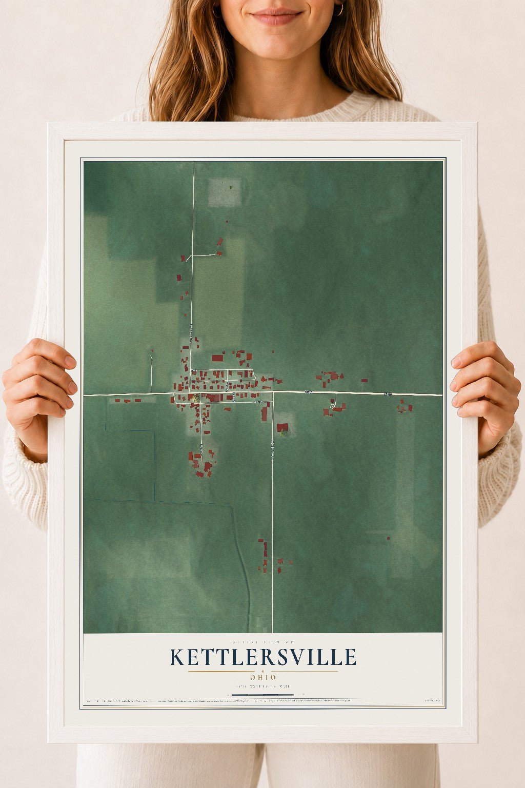 Map of Kettlersville, Ohio, 18 x 24 inch print in a white wood frame