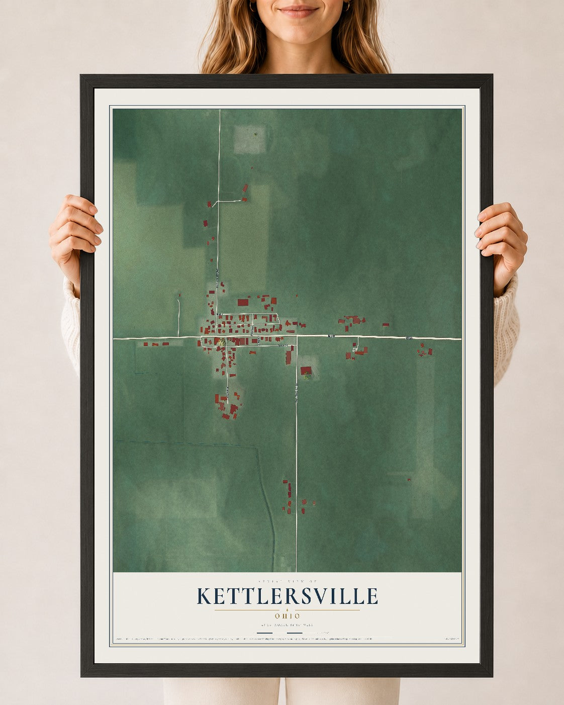 Map of Kettlersville, Ohio, 24 x 36 inch print in a black wood frame