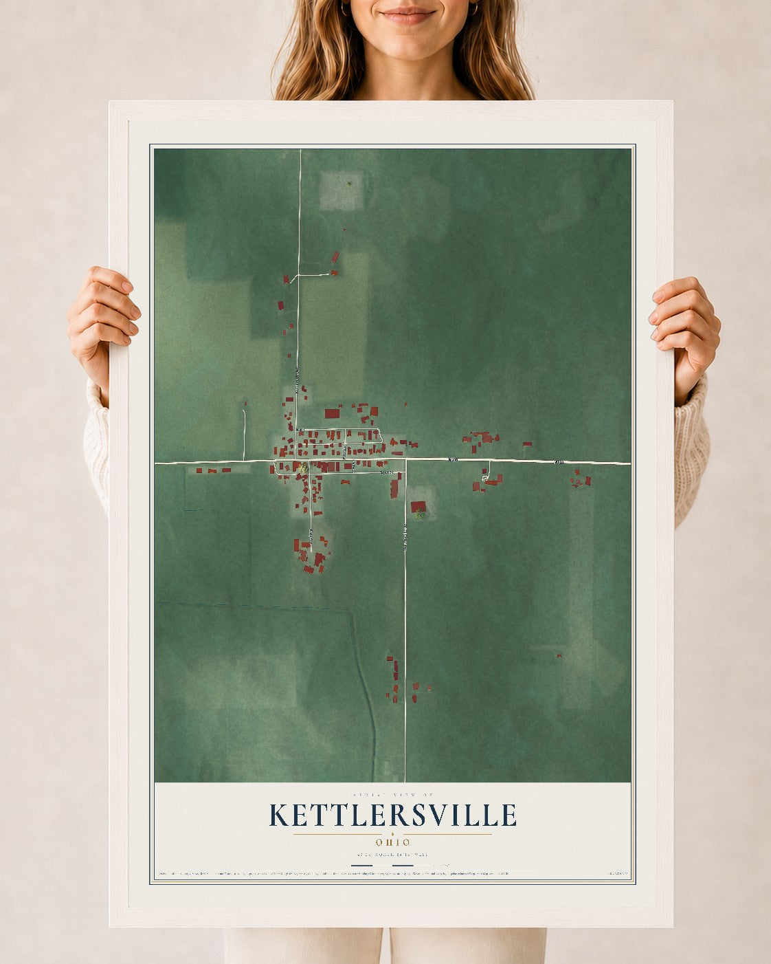 Map of Kettlersville, Ohio, 24 x 36 inch print in a white wood frame