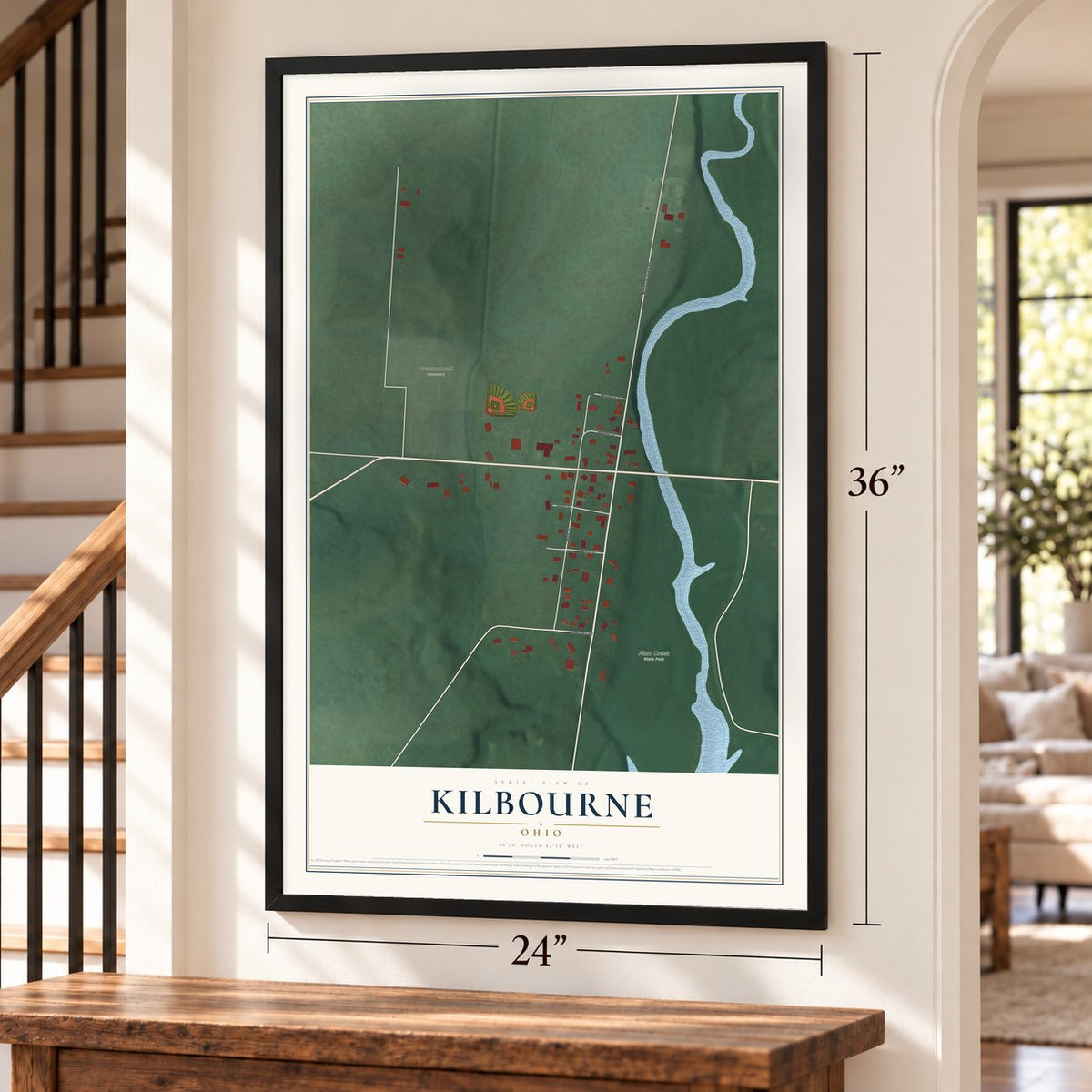 Kilbourne, Ohio map, 24 x 36 inch print in a black frame by a staircase