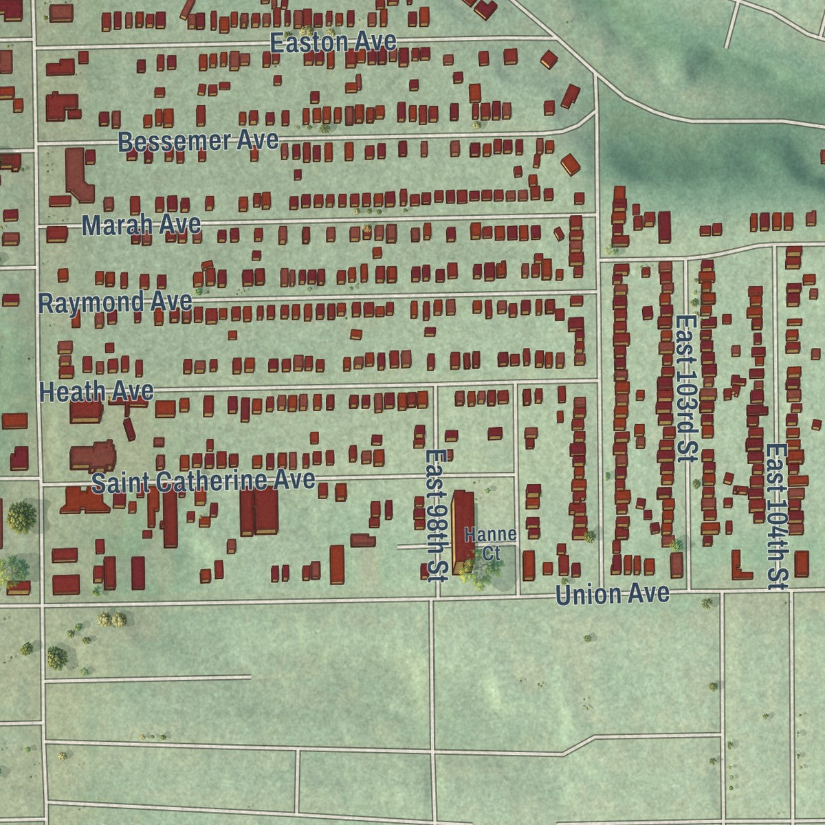 Close-up of the map of Kinsman, Ohio print showing street and building detail
