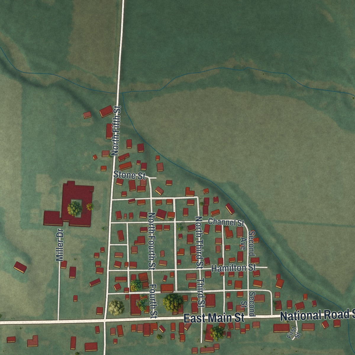Close-up of the map of Kirkersville, Ohio print showing street and building detail