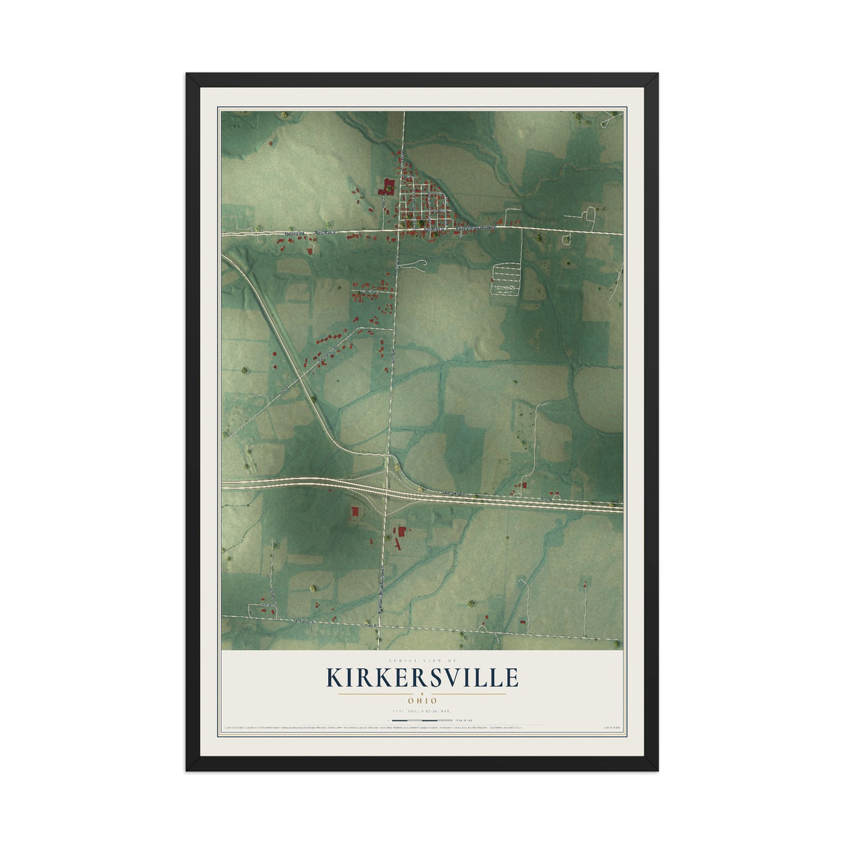 Map of Kirkersville, Ohio, 12 x 18 inch print in a black wood frame