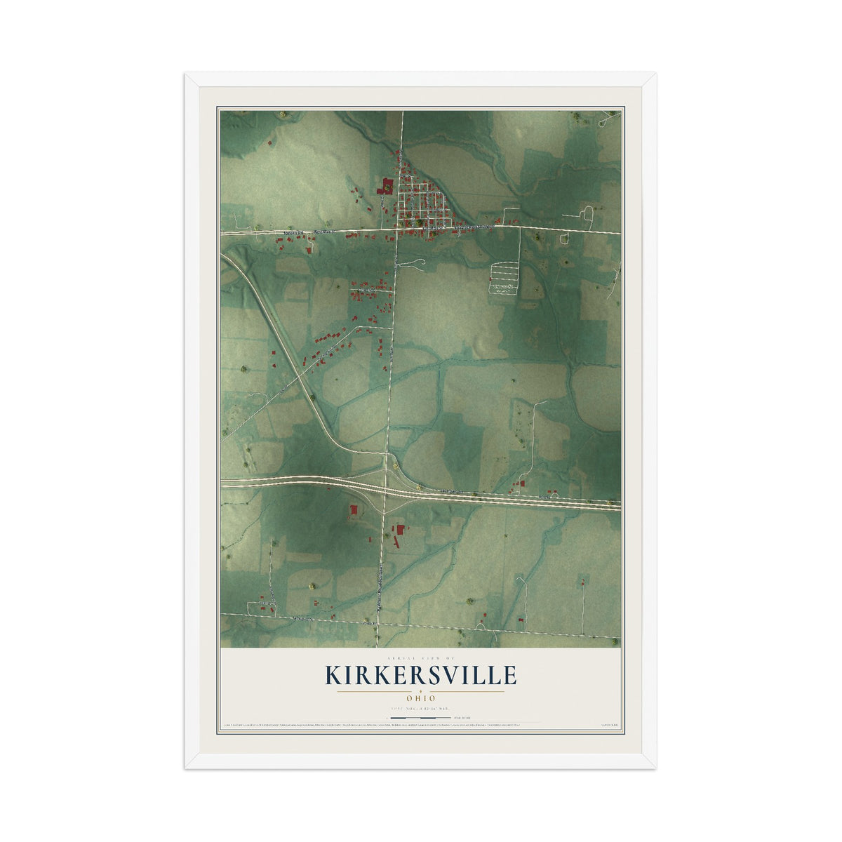 Map of Kirkersville, Ohio, 12 x 18 inch print in a white wood frame
