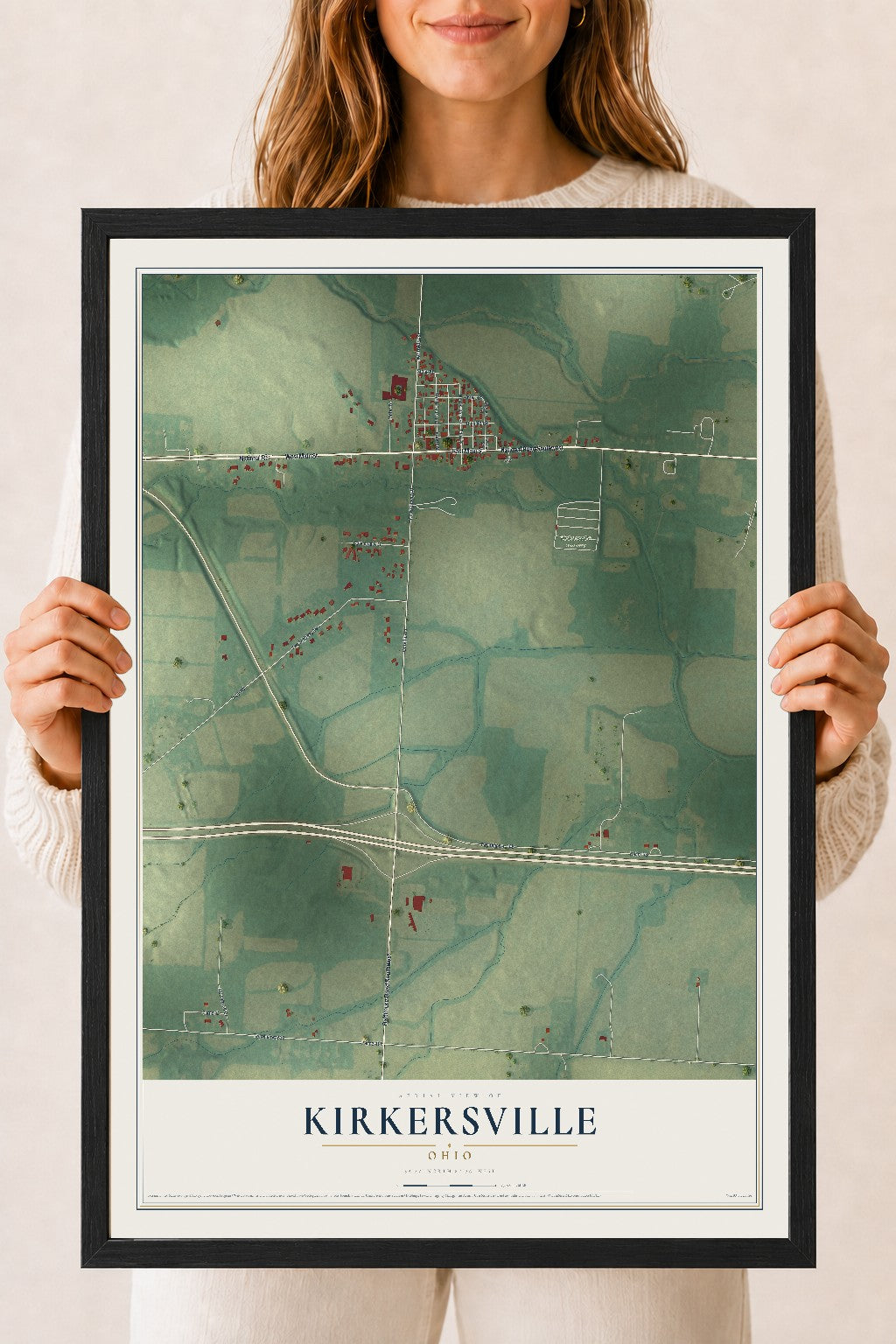 Map of Kirkersville, Ohio, 18 x 24 inch print in a black wood frame
