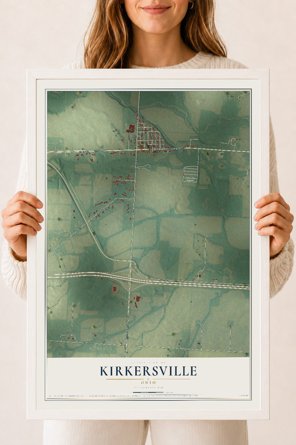 Map of Kirkersville, Ohio, 18 x 24 inch print in a white wood frame