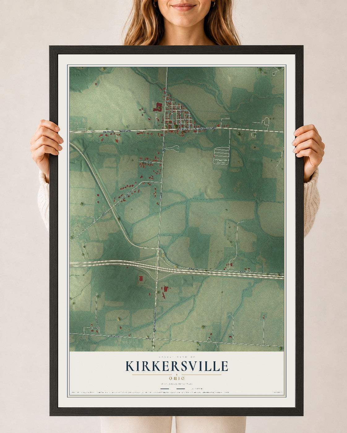Map of Kirkersville, Ohio, 24 x 36 inch print in a black wood frame