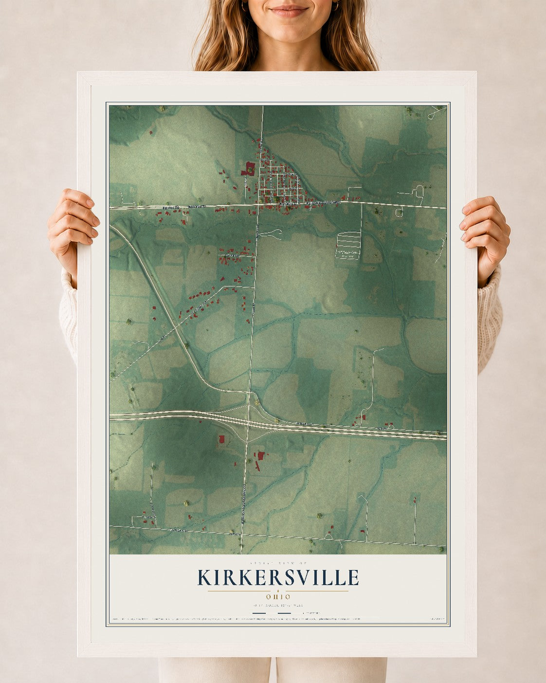 Map of Kirkersville, Ohio, 24 x 36 inch print in a white wood frame