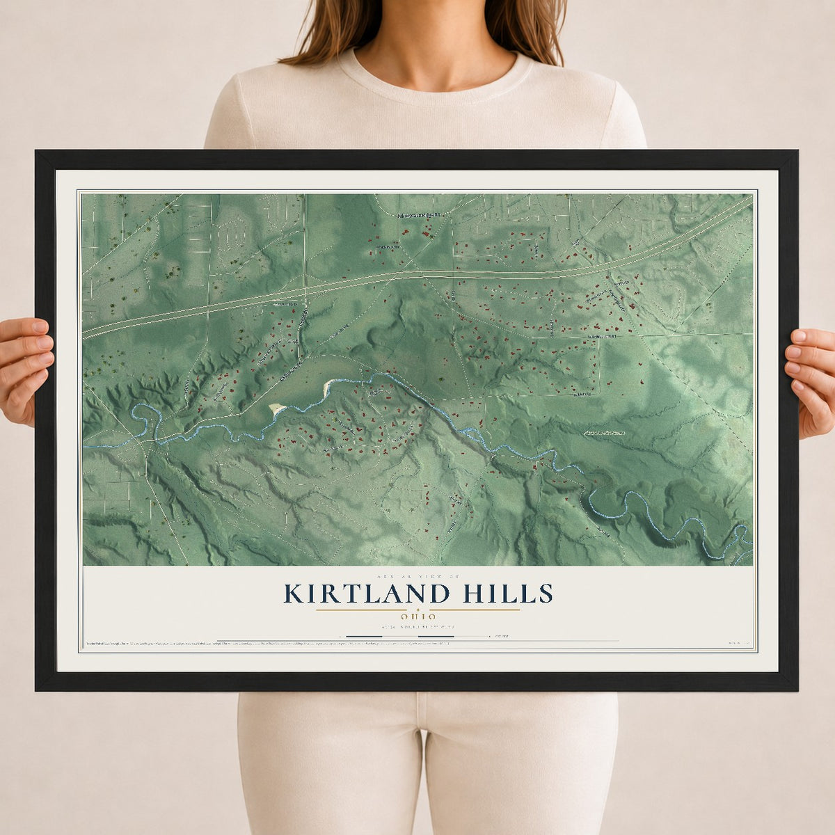 Map of Kirtland Hills, Ohio, 18 x 24 inch print in a black wood frame