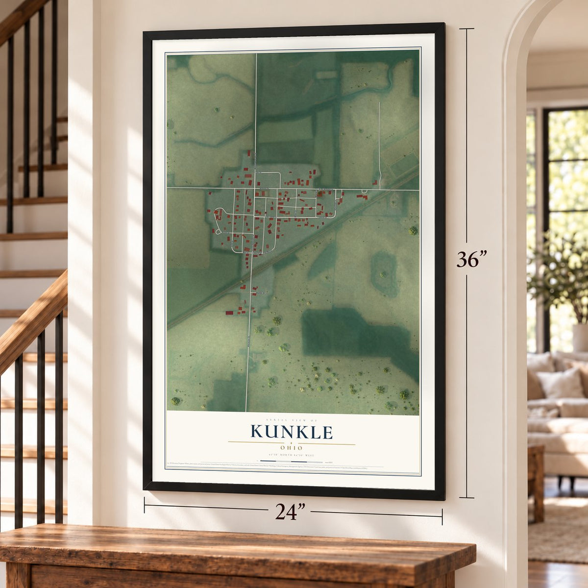 Kunkle, Ohio map, 24 x 36 inch print in a black frame by a staircase
