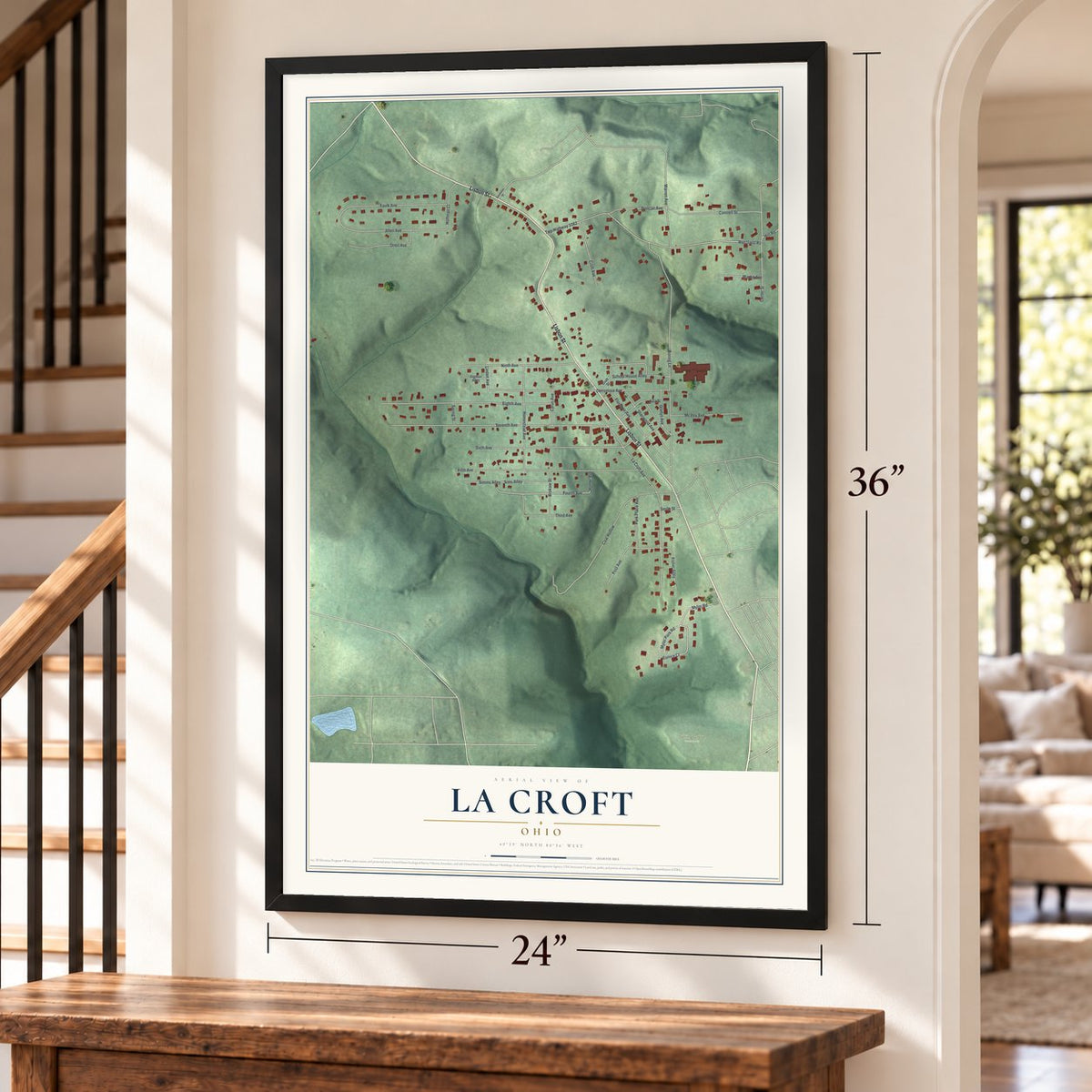 La Croft, Ohio map, 24 x 36 inch print in a black frame by a staircase