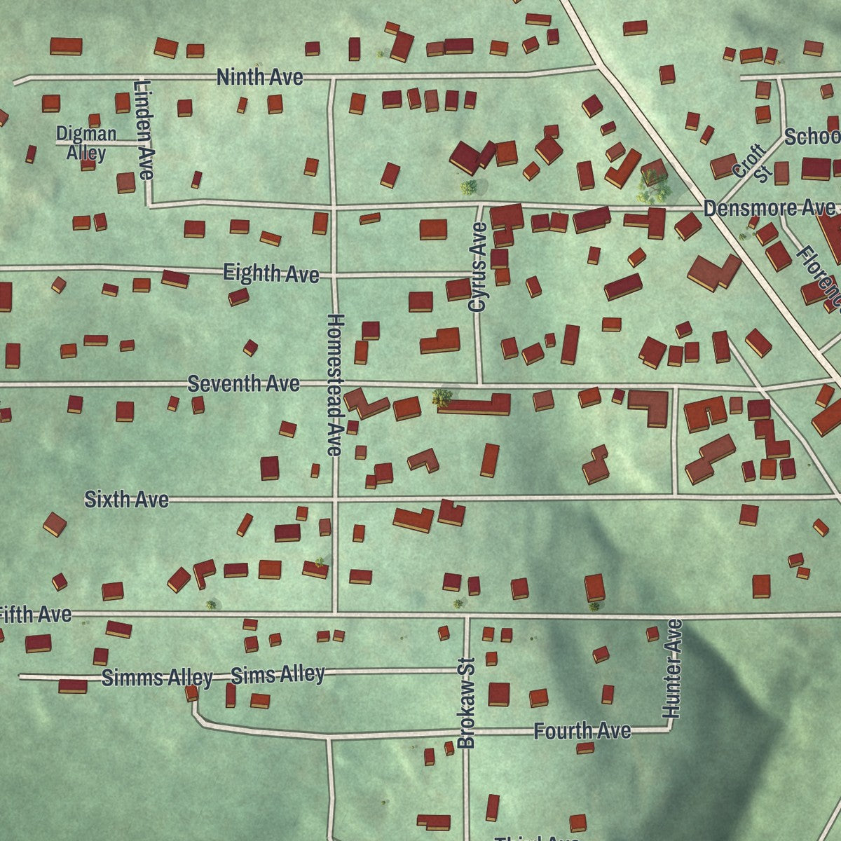 Close-up of the map of La Croft, Ohio print showing street and building detail