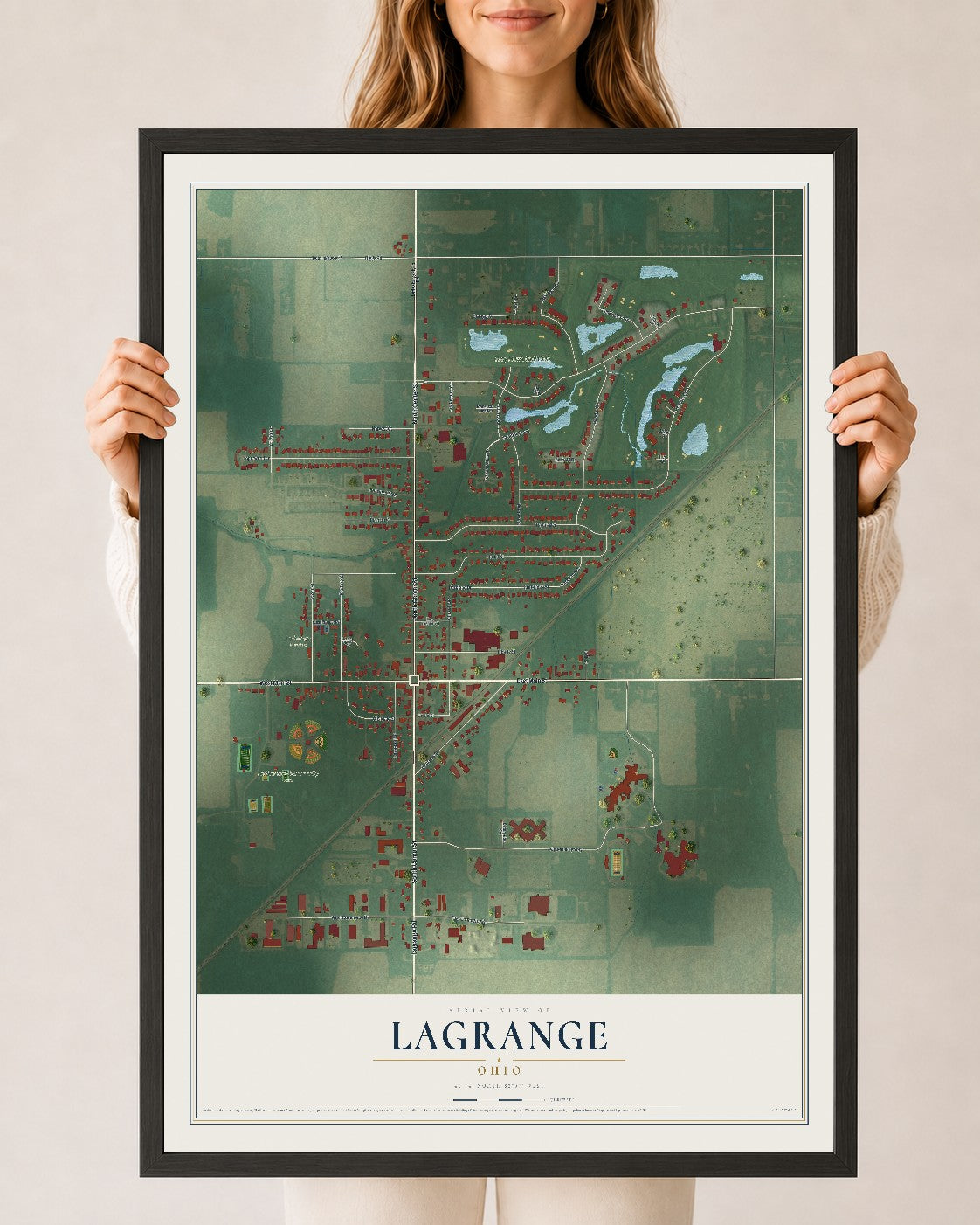 Map of LaGrange, Ohio, 24 x 36 inch print in a black wood frame