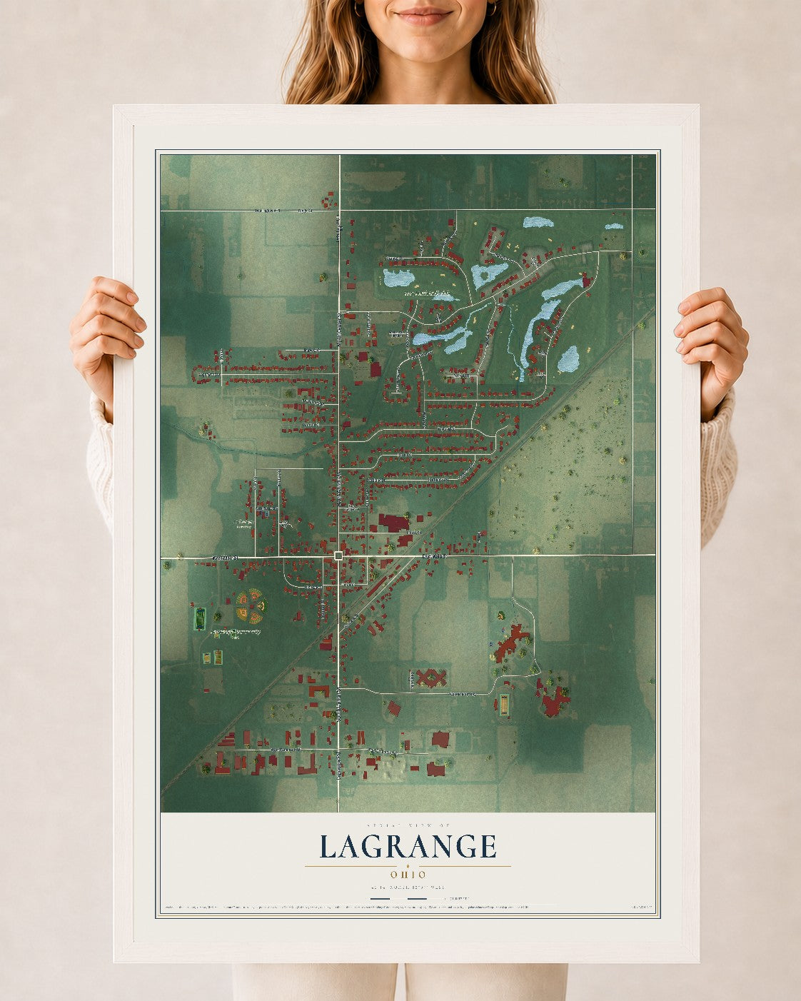 Map of LaGrange, Ohio, 24 x 36 inch print in a white wood frame