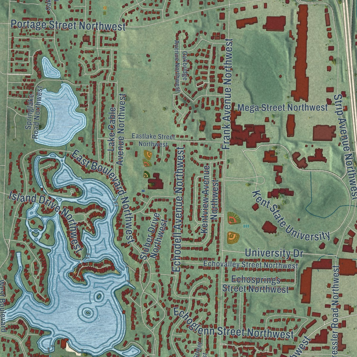 Close-up of the map of Lake Cable, Ohio print showing street and building detail