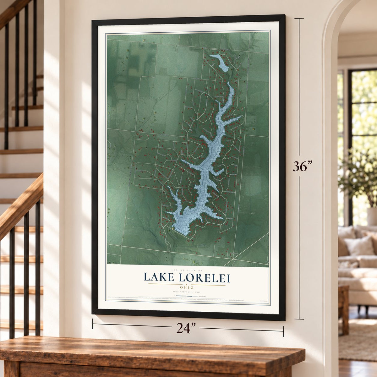 Lake Lorelei, Ohio map, 24 x 36 inch print in a black frame by a staircase