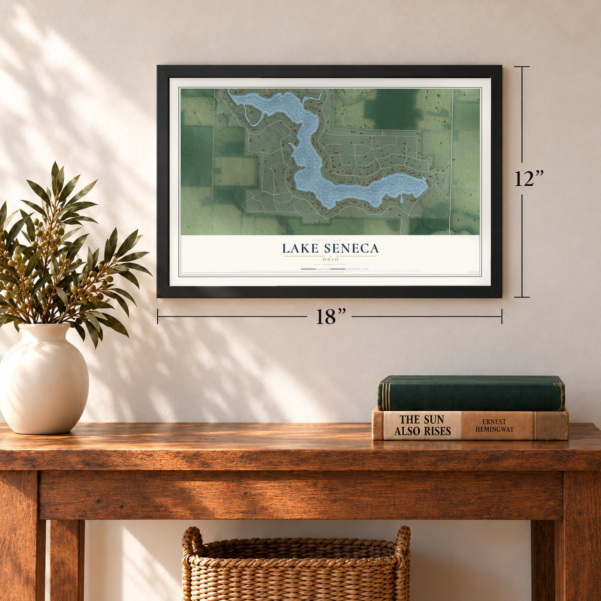 Lake Seneca, Ohio map, 12 x 18 inch print in a black frame in an entryway