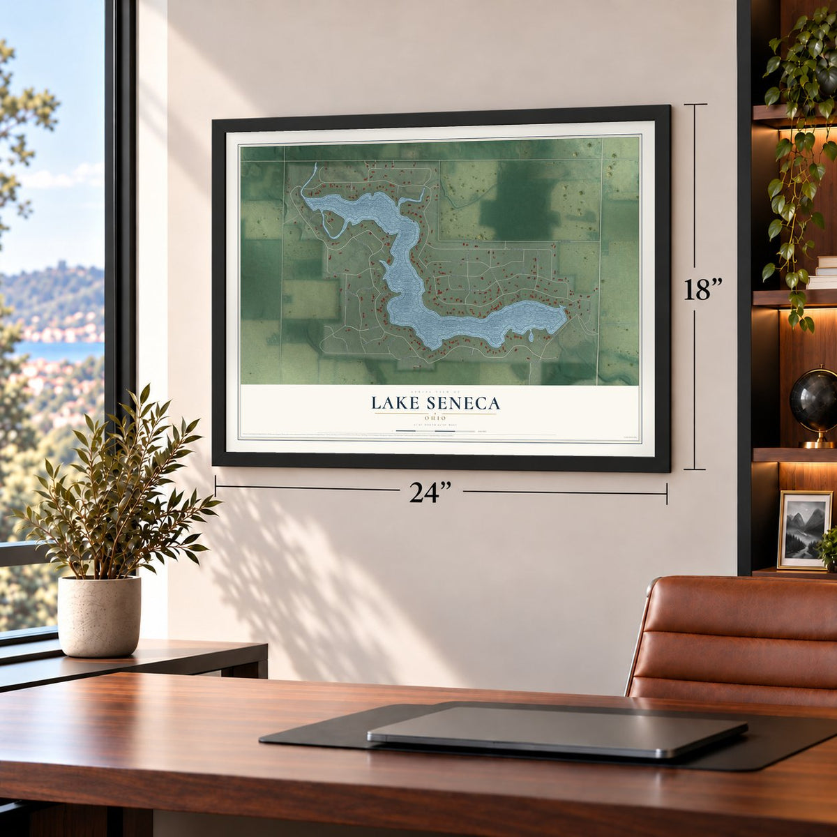 Lake Seneca, Ohio map, 18 x 24 inch print in a black frame in a home office