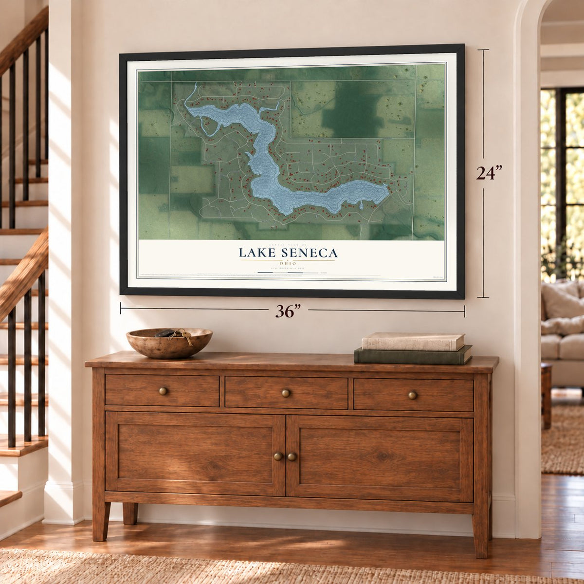 Lake Seneca, Ohio map, 24 x 36 inch print in a black frame above a dresser by a staircase