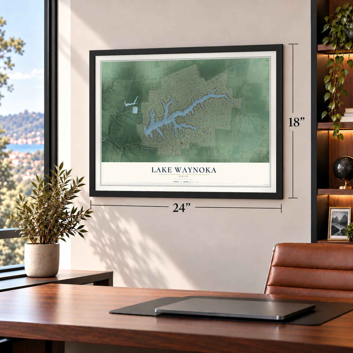 Lake Waynoka, Ohio map, 18 x 24 inch print in a black frame in a home office