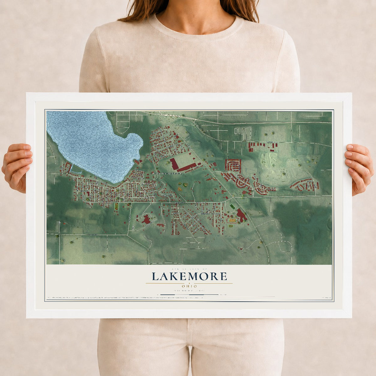 Map of Lakemore, Ohio, 12 x 18 inch print in a white wood frame