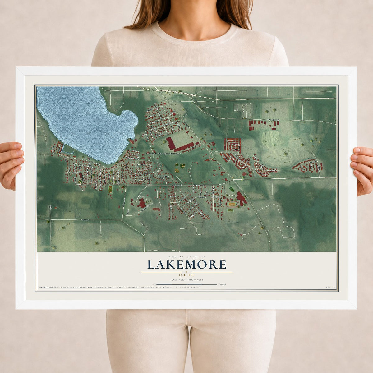 Map of Lakemore, Ohio, 18 x 24 inch print in a white wood frame