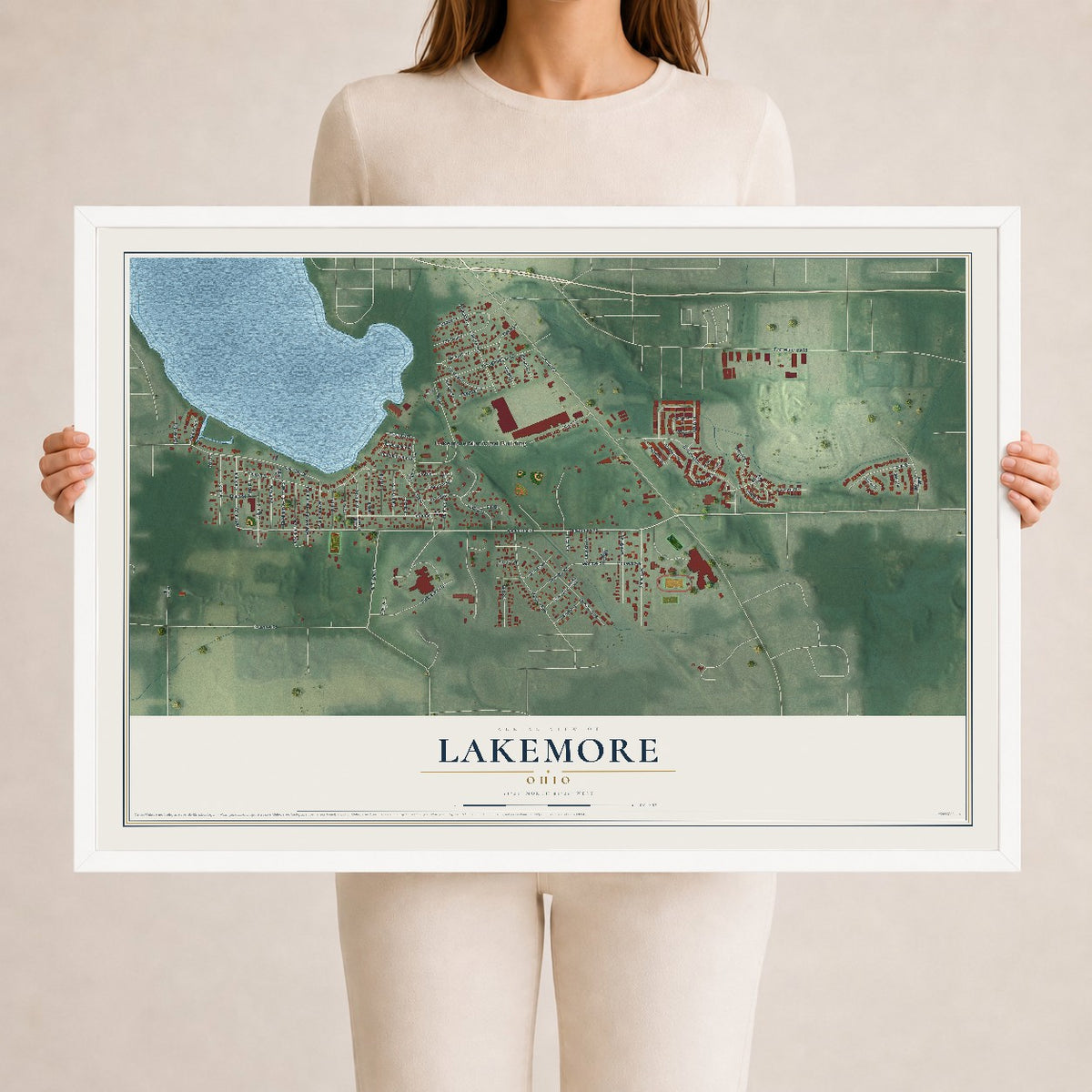 Map of Lakemore, Ohio, 24 x 36 inch print in a white wood frame