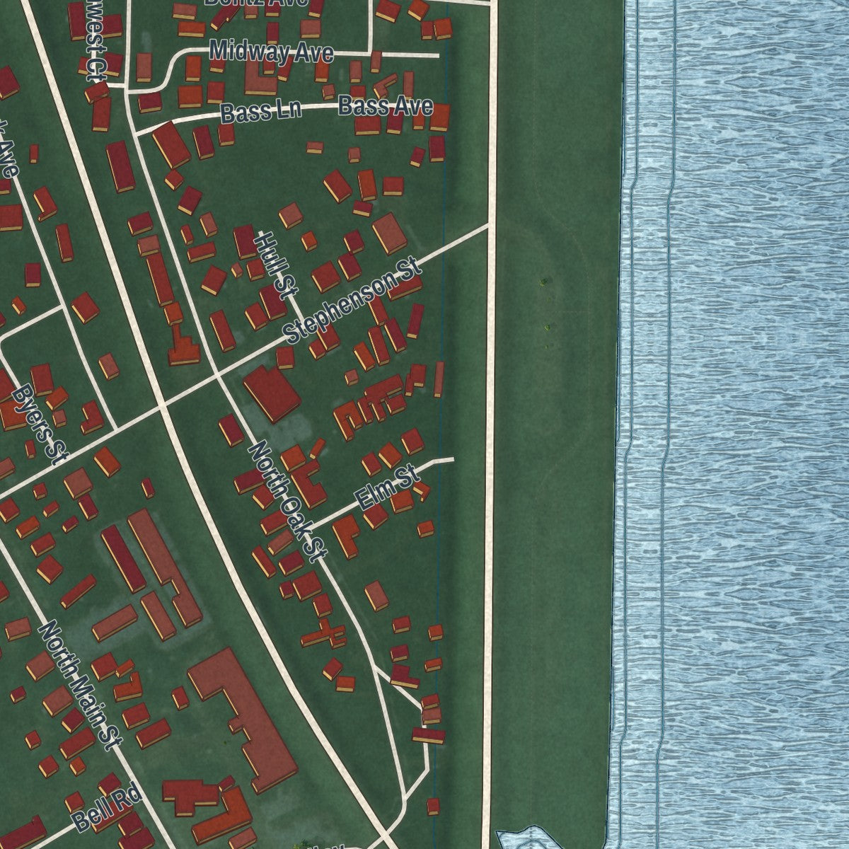 Close-up of the map of Lakeview, Ohio print showing street and building detail