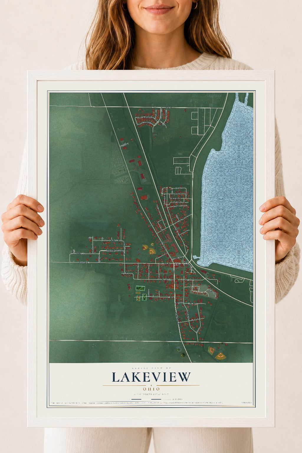 Map of Lakeview, Ohio, 18 x 24 inch print in a white wood frame