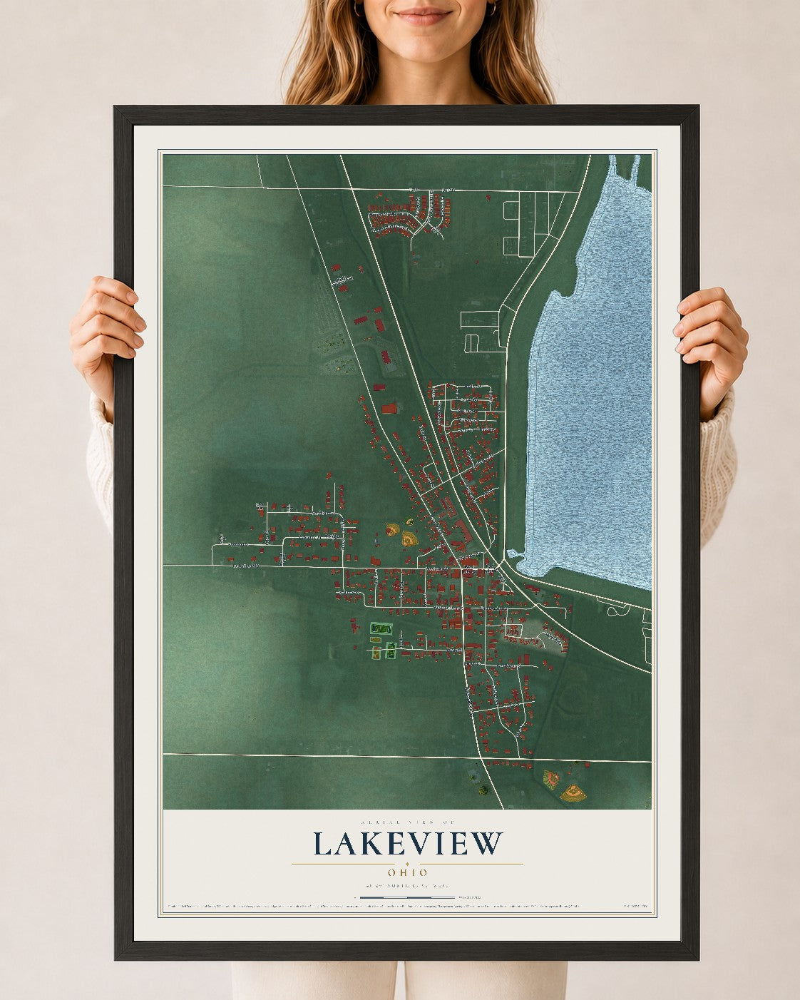 Map of Lakeview, Ohio, 24 x 36 inch print in a black wood frame