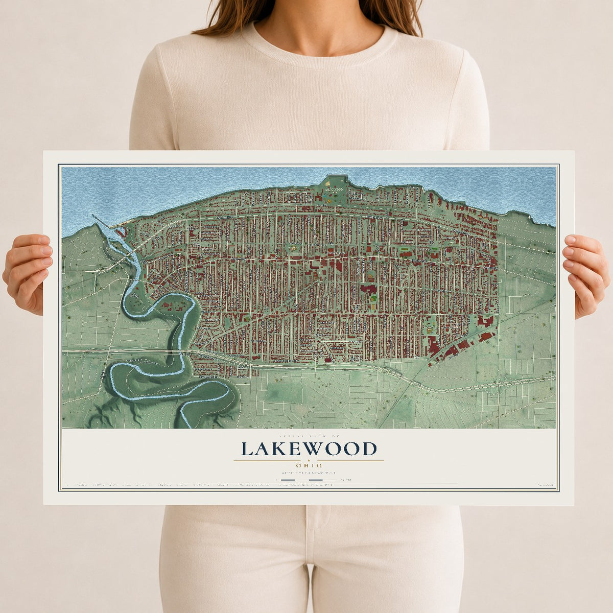 Map of Lakewood, Ohio, 12 x 18 inch unframed archival matte print