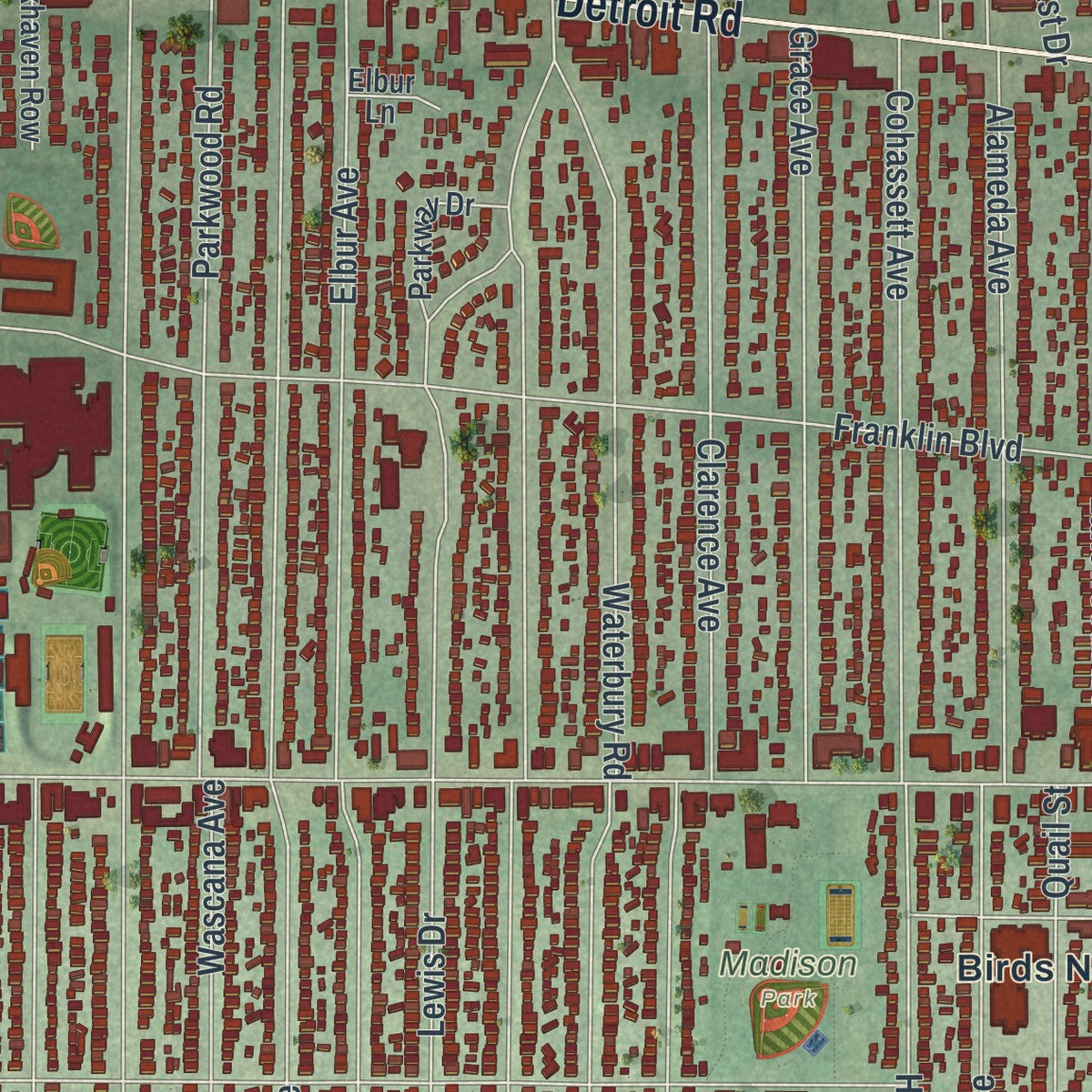 Close-up of the map of Lakewood, Ohio print showing street and building detail