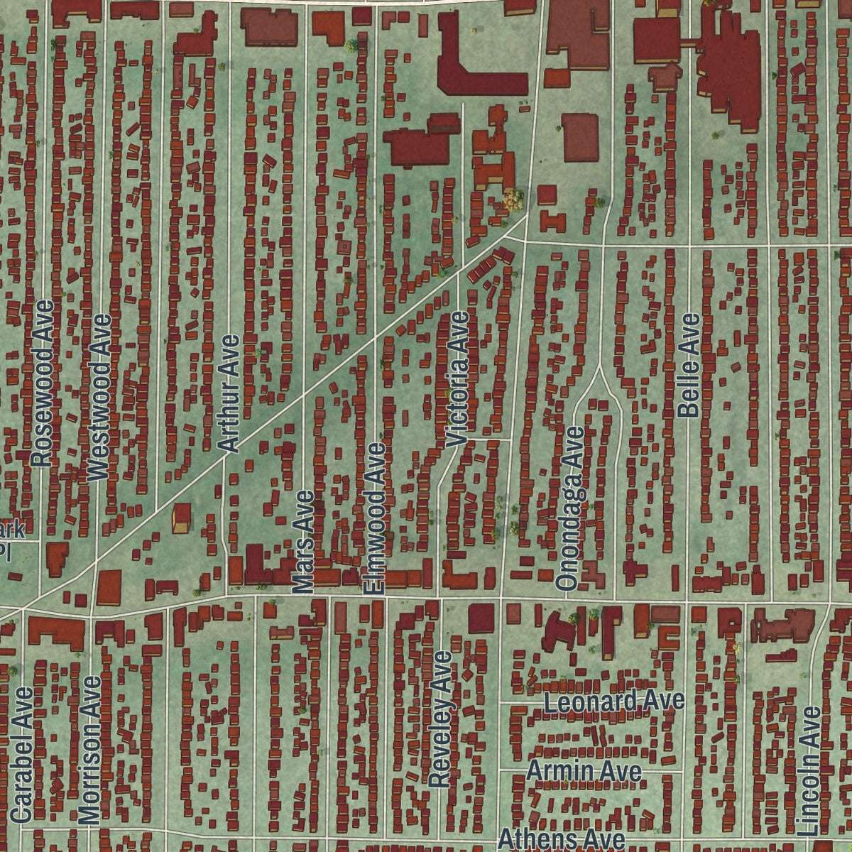Second close-up of the map of Lakewood, Ohio print showing more streets and buildings